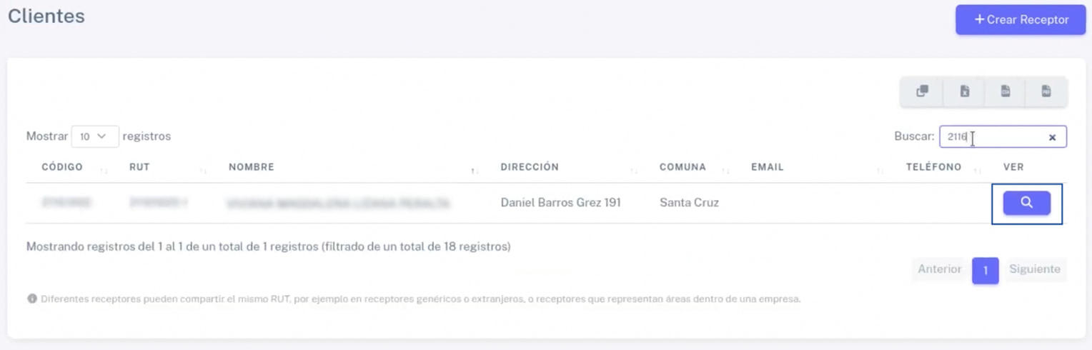Botón de lupa para ingresar a ficha de cliente