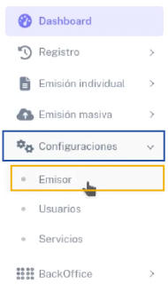 Menú del dashboard con pestaña de Configuraciones desplegada y pestaña de emisor