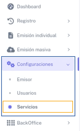 Menú de BHExpress en Configuraciones - Servicios
