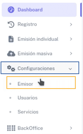 Menú de BHExpress sección Configuraciones - Emisor