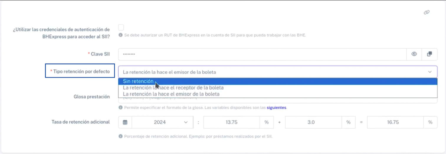 Sección Seleccionar Tipo de retención por defecto