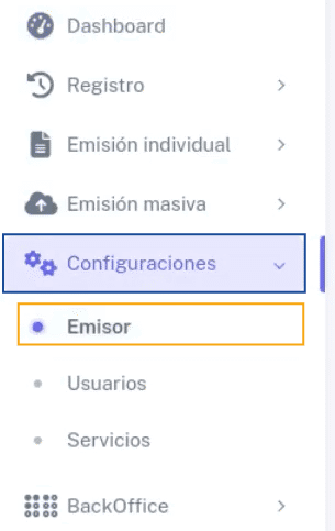 Menú de BHExpress en Configuraciones - Emisor