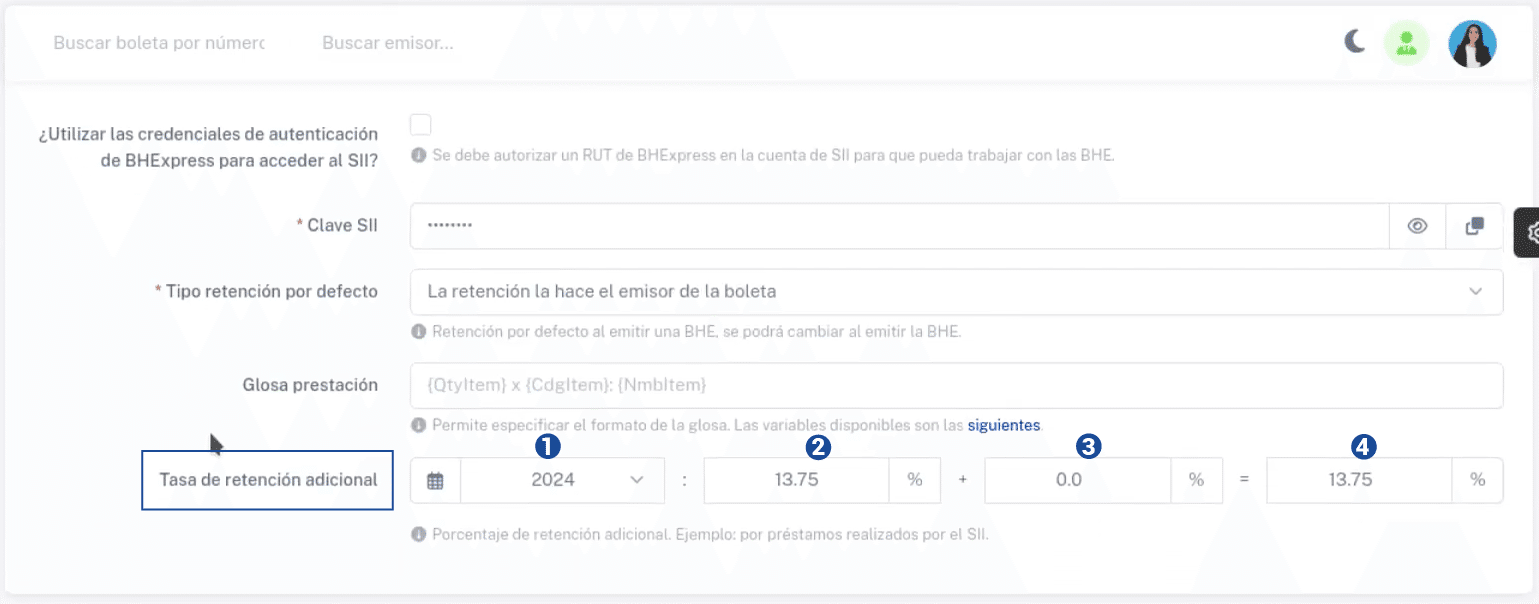 Campo Tasa de retención adicional