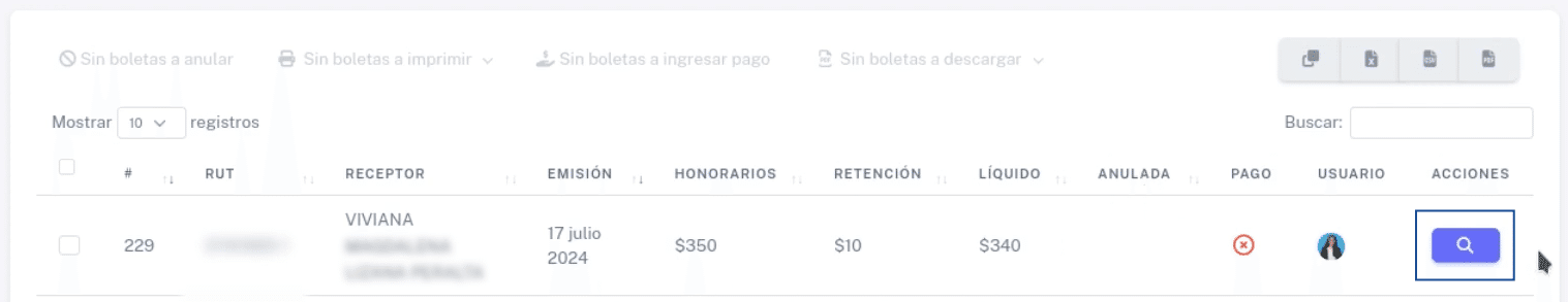 Botón de lupa para ingresar a la boleta