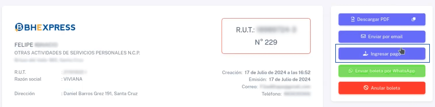 Botón de Ingresar pago en Boleta