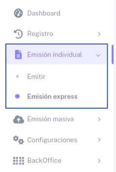 Menú de BHExpress en sección Emisión Individual