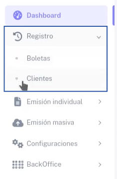 Menú de BHExpress en sección Registro