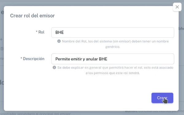 Ventana para crear nuevo rol