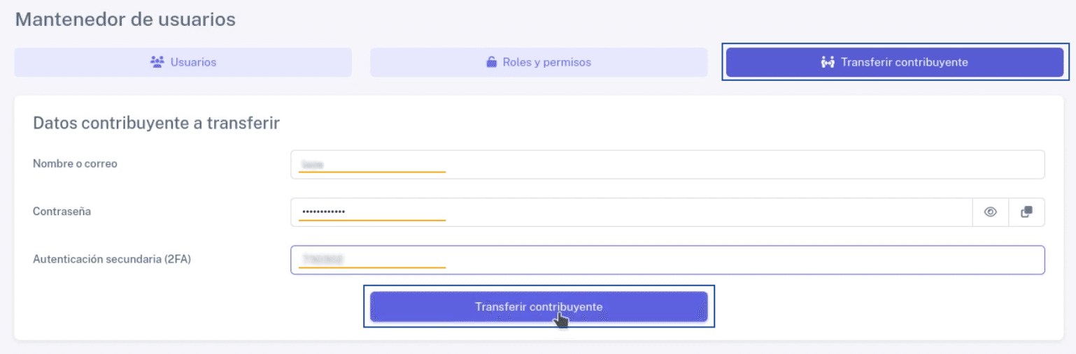 Ventana para transferir contribuyente
