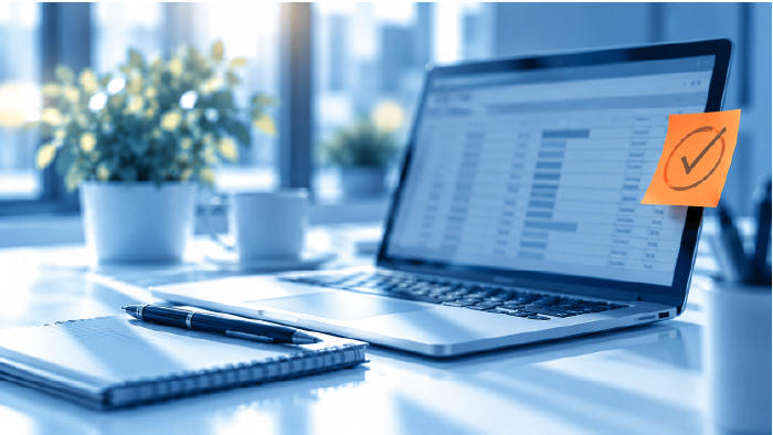 Notebook con planilla y nota adhesiva con check para preparar el inicio de año