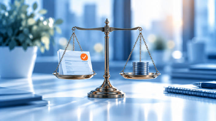 Balanza en equilibrio entre una boleta y una pila de monedas